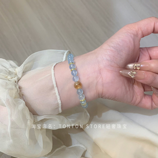 天然海蓝宝手串6mm小米珠手链女黄水晶缺水补水蓝宝石叠戴细蓝色
