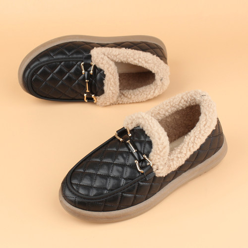 断码清仓特价处理加绒保暖防水防滑黑色平底冬季棉鞋女单鞋工作鞋