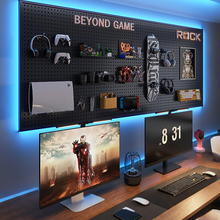 电竞房洞洞板黑色墙上挂板置物架