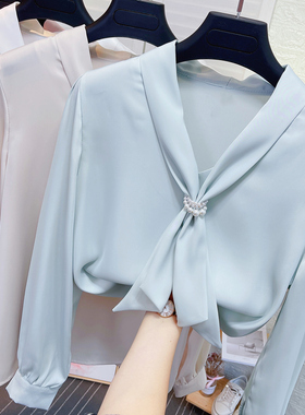 珍珠飘带V领长袖宽松真丝雪纺衫女秋季气质醋酸缎面打底衬衫上衣