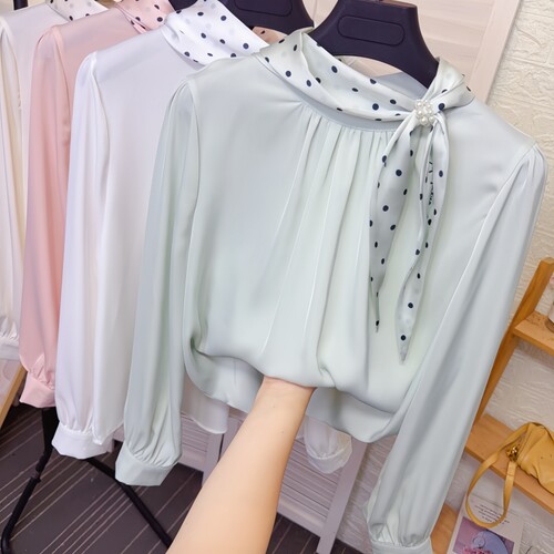 波点丝巾小领结醋酸缎面衬衫女