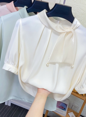 夏季新款珍珠蝴蝶结短袖雪纺衫女气质职业醋酸缎面套头白衬衫上衣