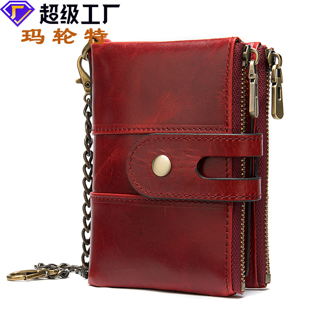 真皮钱包复古2折RFID wallet男式零钱包头层牛皮拉链钱包链条钱