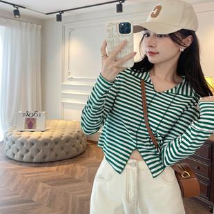 YIER 密拷线迹翻领针织打底衫 秋季 卡尔顿绿条纹 新品 张涩涩ZSS