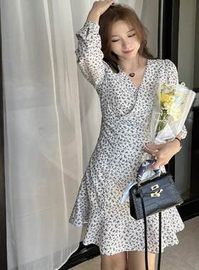 张涩涩 2024春季连衣裙清新气质淡雅碎花雪纺v领抽绳design裙子女