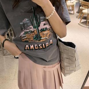 宽松T恤女夏季 复古做旧仙人掌印花短袖 2023甜酷自然风 张涩涩zss