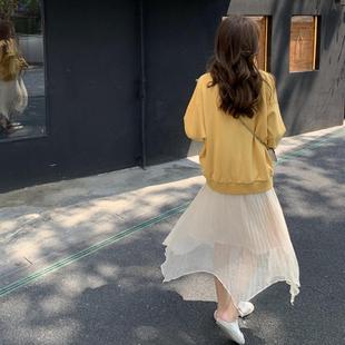 春秋季 张涩涩zss 微闪压皱不规则仙女高腰百褶网纱半身裙女中长款