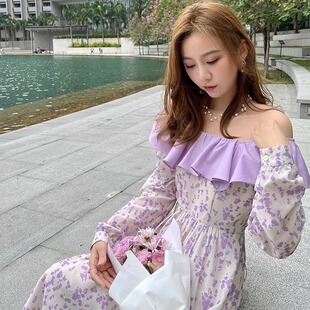 张涩涩春恋讯号香肩微露大翻领荷叶边淡花紫连衣裙女2024夏季新款