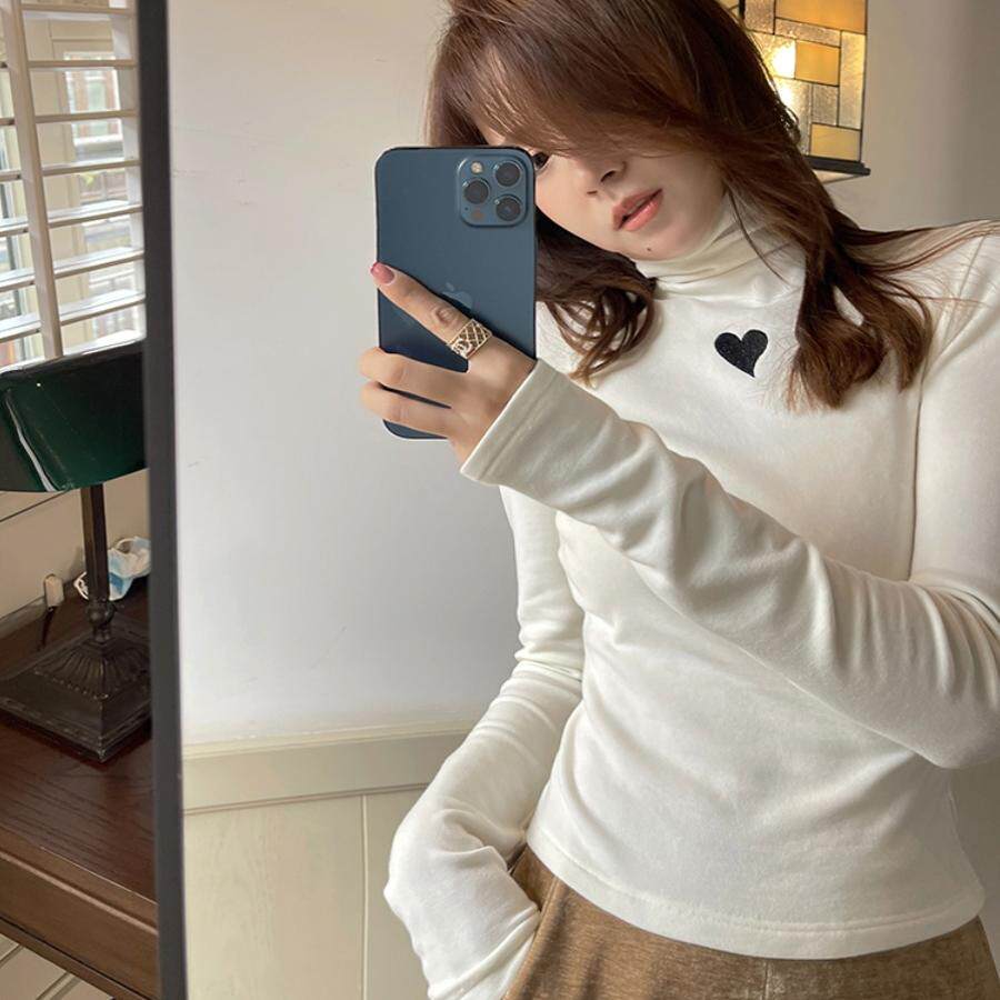 张涩涩 爱心~亲肤加厚德绒刺绣高领打底衫女秋冬内搭洋气2021新款