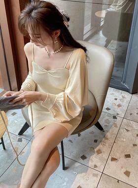 张涩涩冰丝撩动人心 温柔针织开叉吊带内搭紧身包臀连衣裙女夏季