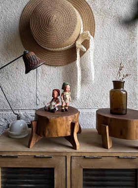 中古风实木墩子 美式乡村风小圆凳裂纹小凳子摆件 摄影摆拍道具