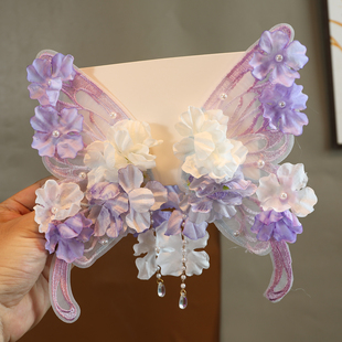 甜美大蝴蝶后压绢花发夹花朵超仙扑棱蛾流苏百搭古风汉服头饰发饰