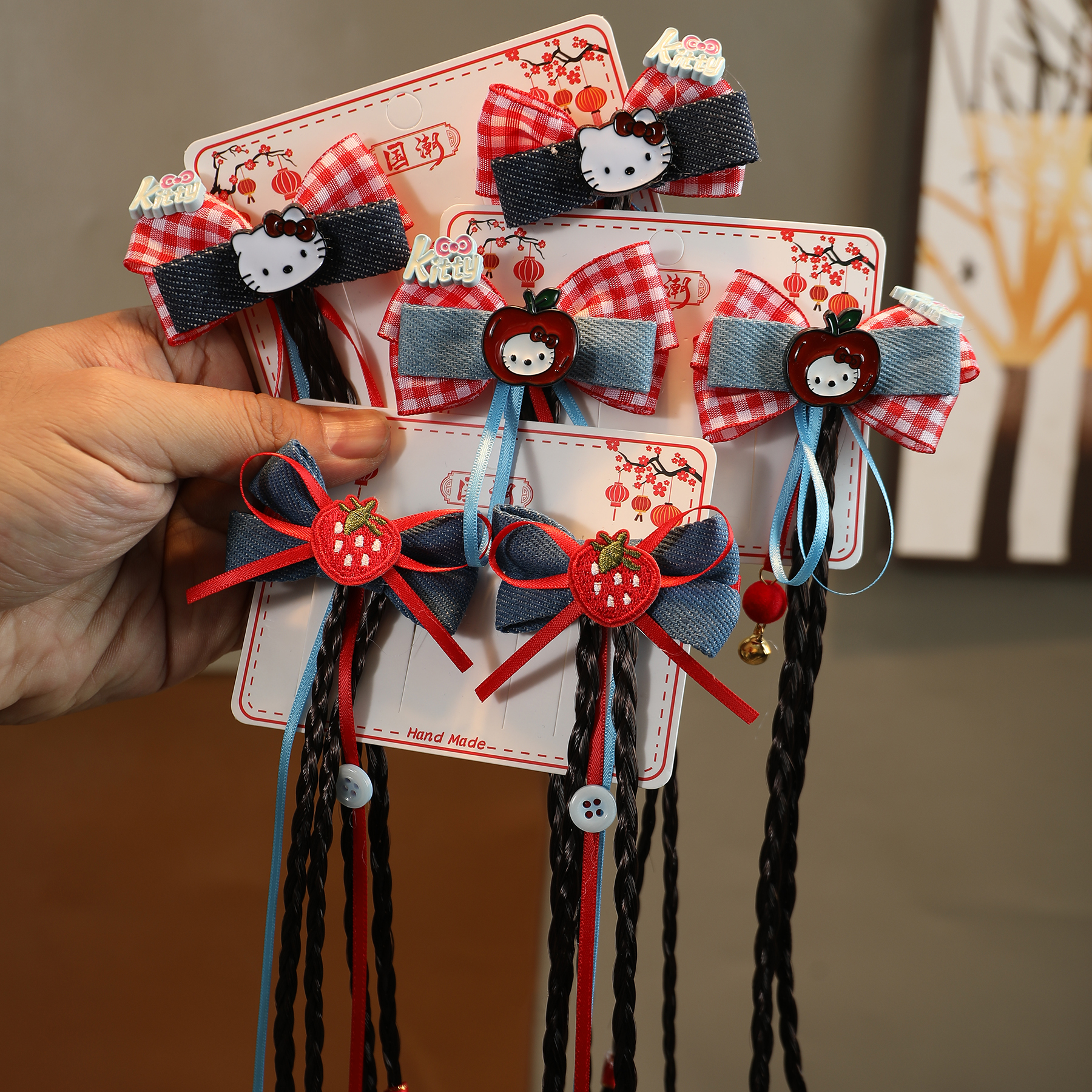 假发辫子发夹女童kt猫牛仔蓝