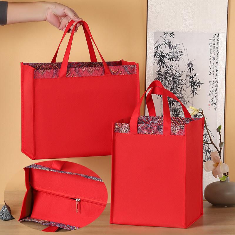 高级感红色印花拉链手提袋烟酒礼品袋大容量服装袋商务袋茶叶袋