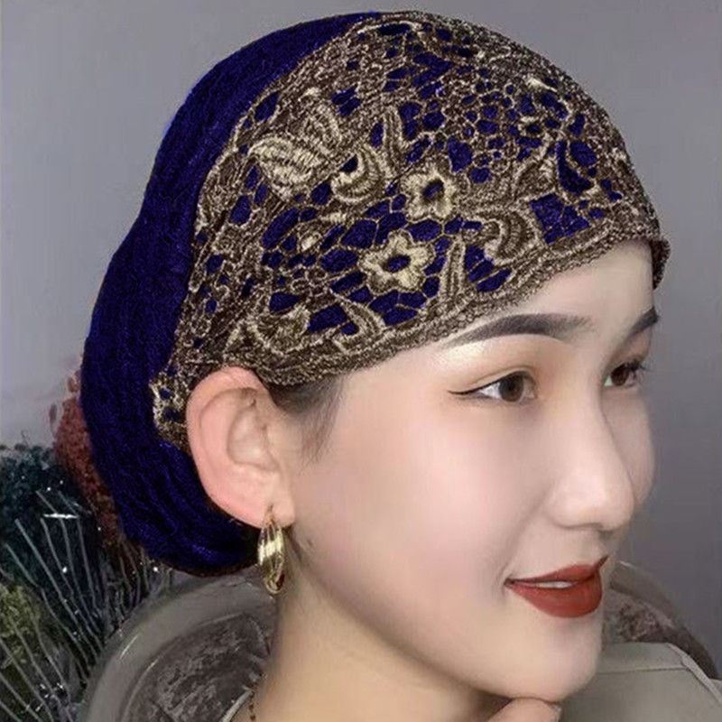 春夏绣花蕾丝包头帽时尚回族女士头巾帽子花边遮发帽松紧套头盖头