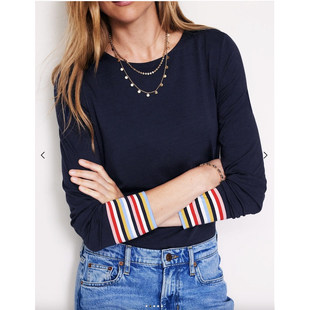 口日常休闲时尚 英国单春季 棉莫代尔精致彩条袖 圆领长袖 T恤女 新品