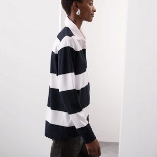 条纹长袖 POLO领经典 不规则开叉下摆休闲日常T恤女 新品 英国单春季