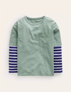 条纹分层拼接圆领全棉T恤男 14岁童长袖 英国单春秋款