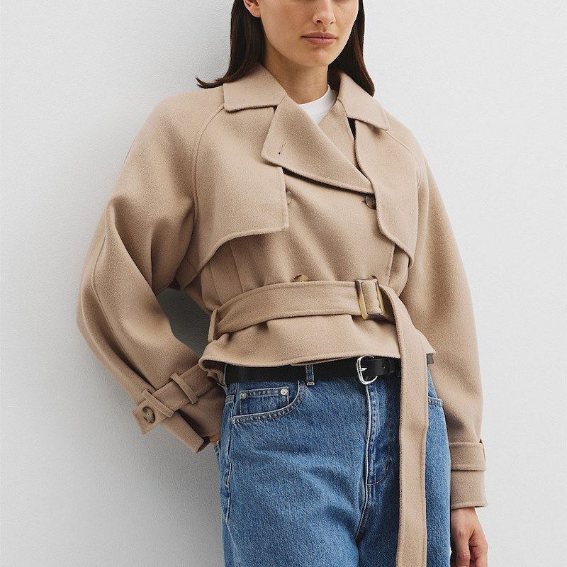 欧美风冬季新品羊毛混纺短外套翻领有腰带个性时尚风衣女