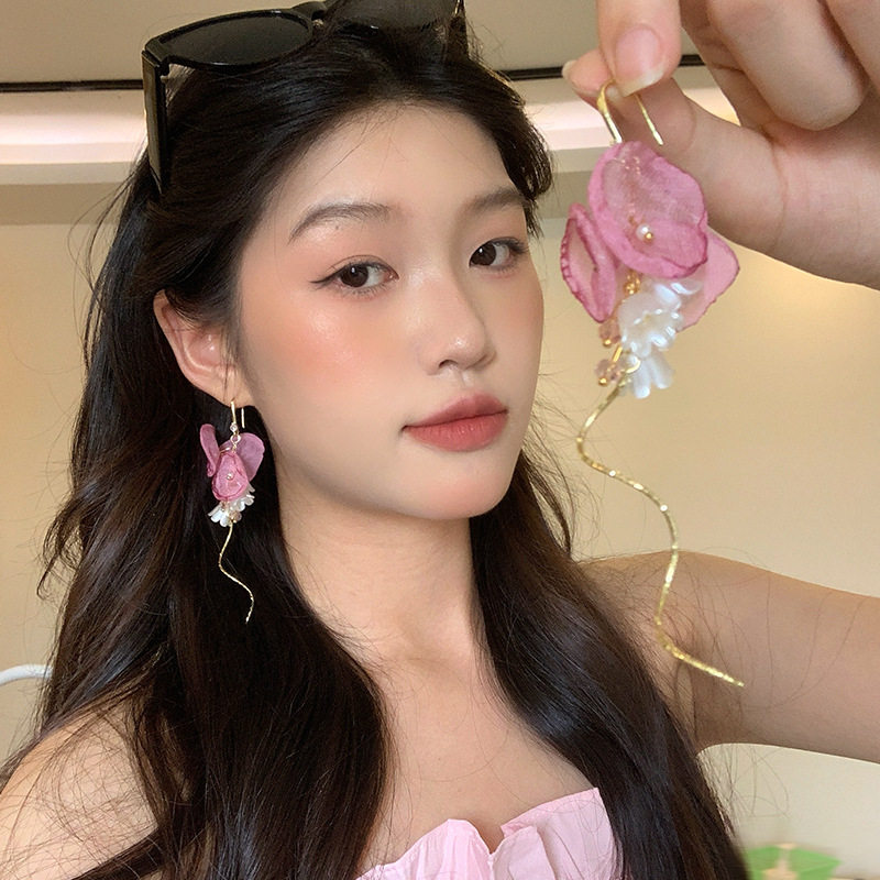 浪漫花语仙气粉色薄纱甜美花朵流耳环