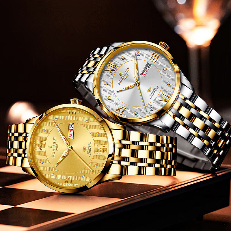 【官方直发】montagut梦特娇八星高照含金真钻全自动机械双历男表