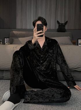 维多利亚睡衣男款秋冬季大码金丝绒男士高级黑色金钻绒家居服套装