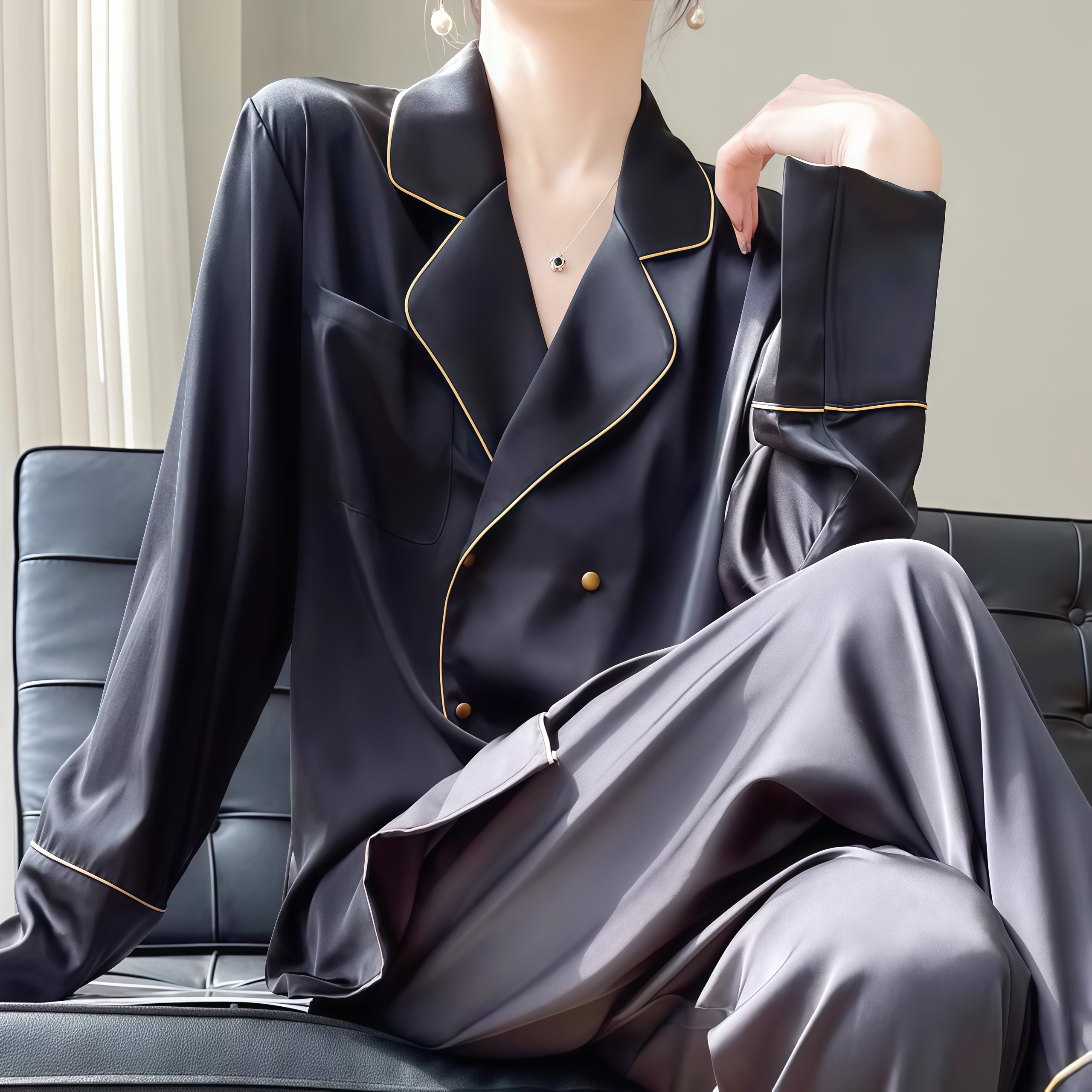 女士桑蚕丝长袖睡衣真丝绸