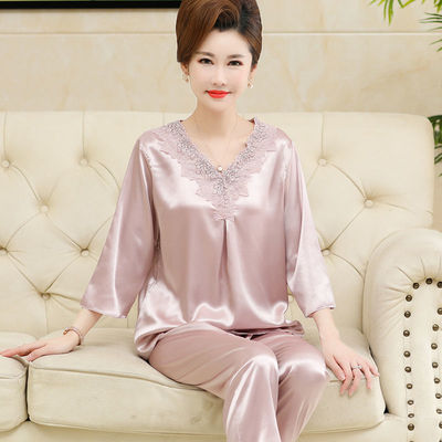 桑蚕丝中年妈妈睡衣女秋款婆婆