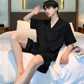 夏季 家居服套装 桑蚕丝短袖 黑色真丝绸夏款 薄款 维多利亚睡衣男士