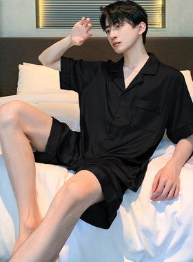 维多利亚睡衣男士夏季桑蚕丝短袖薄款黑色真丝绸夏款家居服套装