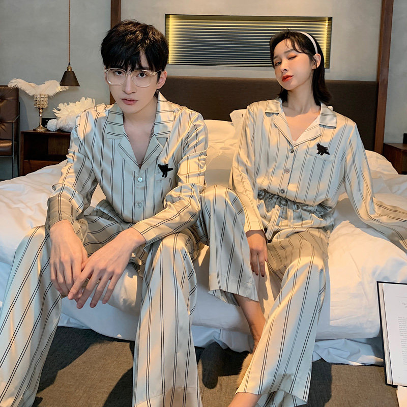维多利亚情侣睡衣春秋款男女长短袖桑蚕丝家居服条纹奶狗宽松套装