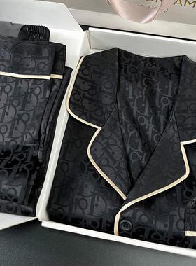 维多利亚夏季黑色桑蚕丝睡衣男春秋天长袖男士真丝高级感家居服