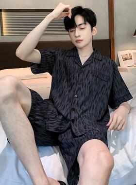 维多利亚睡衣男夏季桑蚕丝短袖短裤真丝绸薄款男士黑色家居服套装