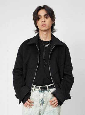 BANGBOY国潮机能弧线结构拉链翻领毛呢夹克男 小众短款廓形外套