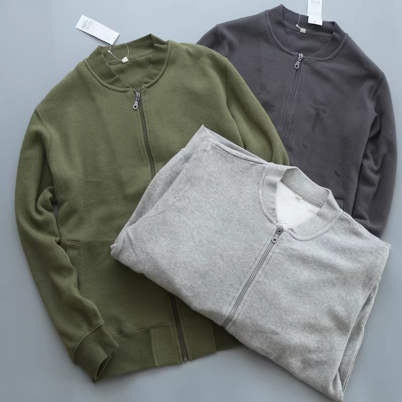 瑕疵特惠日系亨利领卫衣男 运动棒球服修身春秋外套 斜纹毛圈开衫