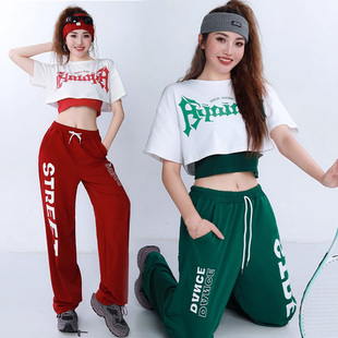 美式热辣妹红色jazz爵士舞蹈kpop女团演出服青春活力穿搭三件套装