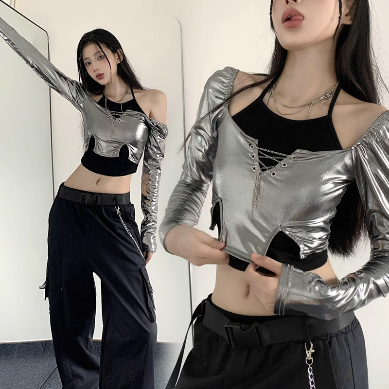 辣妹银色假两件性感长袖工装裤表演服DS嘻哈现代舞练舞服时尚套装