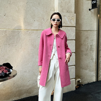 玫红色大衣女秋冬高级感小个子双面呢羊绒毛呢外套修身显瘦中长款