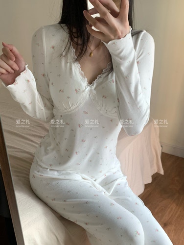 爱之礼ins白女风软绵绵莫代尔碎花温柔V领长袖长裤睡衣套装家居服