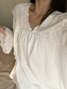 睡衣套装 长裤 家居服 口长袖 爱之礼茜茜公主白色纯棉荷叶边喇叭袖