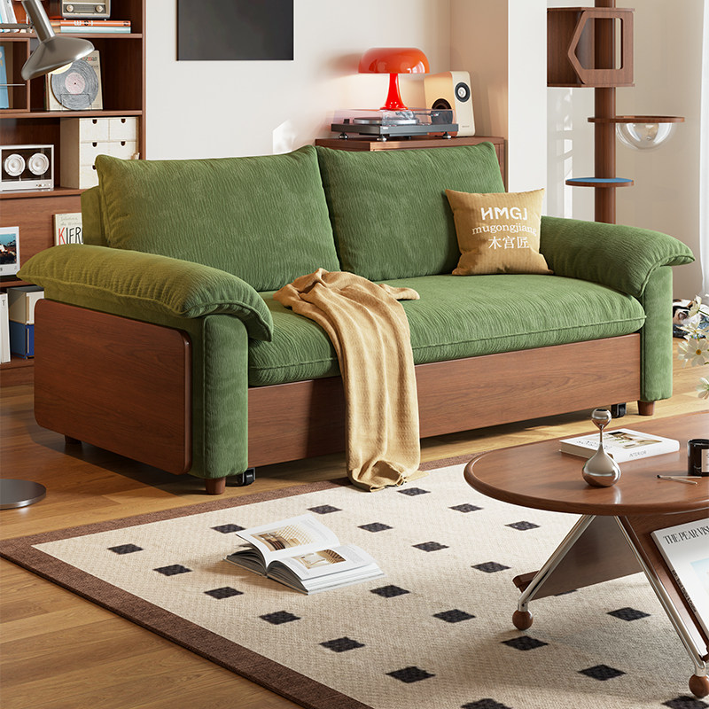 木宫匠家具茸茸沙发床中古风实木折叠一体两用小户型客厅沙发新款