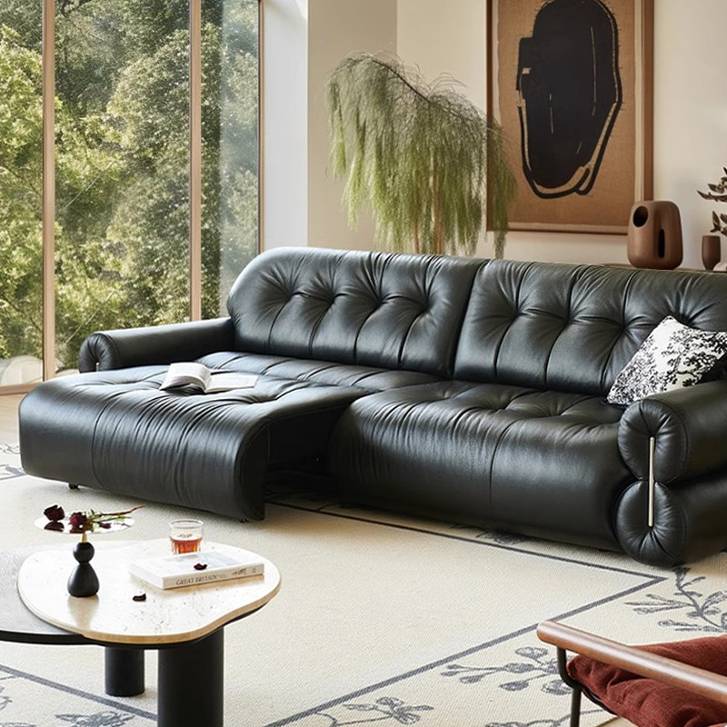 木宫匠家具法式复古黑糖电动可伸缩云朵沙发中古风黑色真皮沙发床