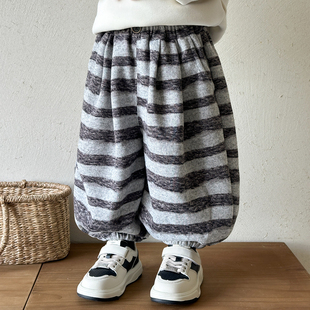 秋冬季 2025新款 童装 韩版 潮 男童裤 儿童哈伦裤 子加绒条纹宝宝灯笼裤