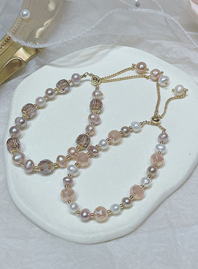 简约时尚珍珠手链女气质个性光板粉珍珠手串天然淡水抽拉闺蜜手链