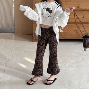 韩系春装女童夏季新款韩版复古豹纹微喇裤儿童薄款垂垂裤喇叭裤子