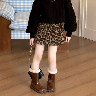 女童半身裙秋冬新款韩版豹纹毛呢美式复古辣妹高腰短裙韩系童装新