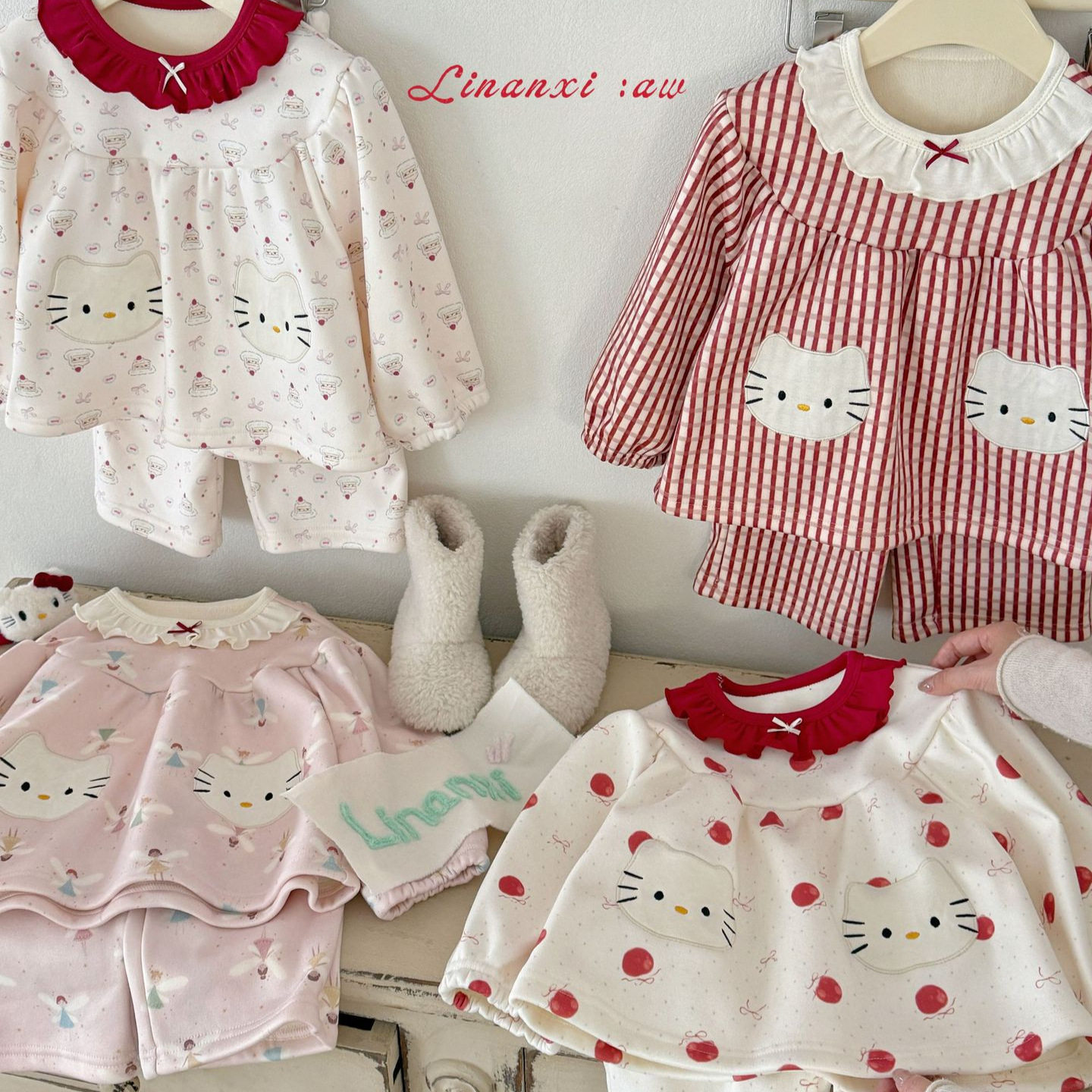 秋冬女童加绒睡衣套装26冬季新款女宝娃娃衫家居服kt贴布加绒加厚