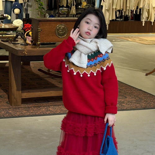 韩系秋冬装保暖上衣女童中国红新年装拜年服线衣针织衫新圣诞毛衣