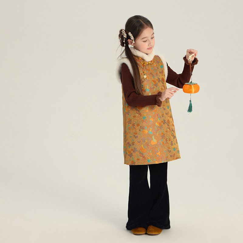 中国风洋气时髦新年装洋气百搭金色毛边年服旗袍背心裙子上衣马甲