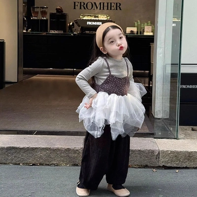 女童套装25秋新款拼纱可爱波点吊带衫纯打底衫中小童舒适灯笼裤子